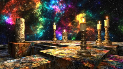 Poster - Mystical Candlelit Scene with Vivid Nebula Backdrop Creates a Spiritual and Ethereal Atmosphere for Meditation and Reflection