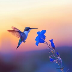 Aufkleber - Hummingbird hovering near vivid blue flowers at sunset with soft focus and dreamy pastel background creating a serene and peaceful scene