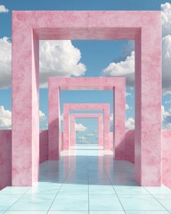 Poster - Architectural pathway with pink frames against blue sky digital art tranquil environment perspective concept