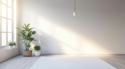 Poster - Serene Interior with Natural Light and Greenery Minimalist Home Decor Plants and White Rug Modern Living Space