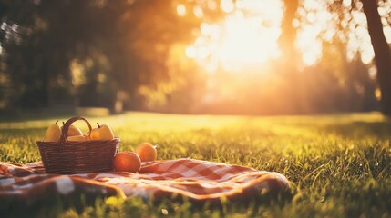Poster - Golden sunlight illuminates a picnic basket filled with fresh pears and apples on a checkered blanket in a serene grassy field