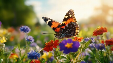 Aufkleber - Vibrant Painted Lady Butterfly Sipping Nectar from Red Flower in a Sunny Meadow with Blue Sky