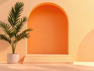 Poster - Modern minimalist architecture display with orange wall and plant indoor space aesthetic view