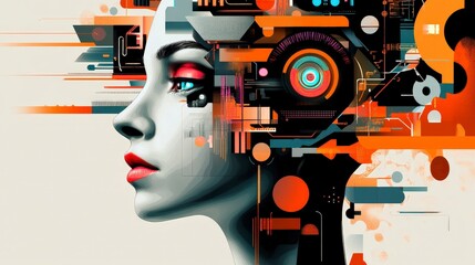 Poster - Abstract Portrait of a Woman with Futuristic Digital Elements