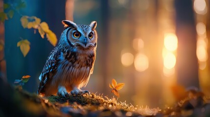 Poster - Captivating owl perched on mossy branch in golden forest light majestic nocturnal bird wildlife nature scene dreamy background