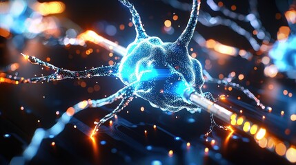 Poster - Neuron cell with glowing connections in a neural network representing brain activity and synaptic transmission on a dark background