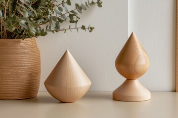 Aufkleber - Artistic wooden statuettes with natural eucalyptus branches in vase against cream background in clean interior setting