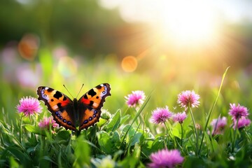 Aufkleber - Radiant butterfly rests amidst vibrant clover blossoms basking in the warm glow of the sunlit meadow in spring