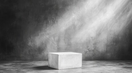 Poster - Minimalist Concrete Cube Display Podium on Textured Gray Background with Dramatic Lighting for Product Showcase