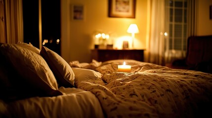 Aufkleber - Cozy bedroom ambiance with soft lighting candle glow and comfortable bed inviting relaxation and tranquility in a warm interior setting