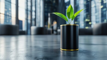 Aufkleber - Serene indoor office plant in black pot with gold trim against blurred city backdrop creating a calm modern atmosphere