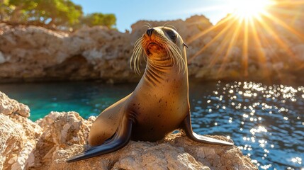 Poster - Captivating Sea Lion basking in the Warm Sunlight on Rocky Shoreline with Turquoise Water and Sunburst in a Coastal Paradise
