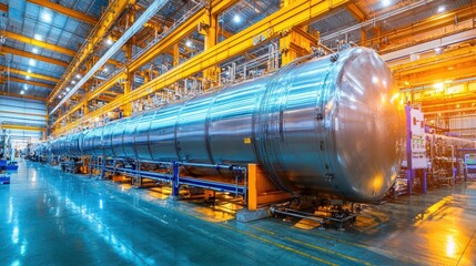 Aufkleber - Industrial landscape showcasing a large silver tank in a factory setting with yellow beams and blue pipes creating a vibrant and modern atmosphere
