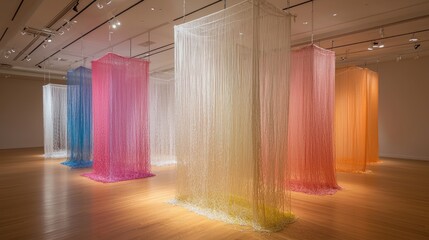 Poster - Captivating Art Installation Showcasing Suspended Colorful Strands in a Museum Setting with Warm Tones and Elegant Design for Creative Inspiration