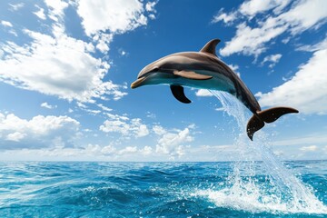 Poster - Captivating dolphin leaps from azure ocean under a bright sky with fluffy clouds in a tropical marine environment