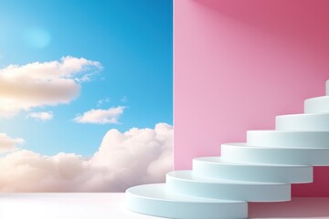 Poster - Minimalistic Scene with Pastel Pink Wall Light Blue Staircase and Vivid Sky Enhanced with Soft Clouds