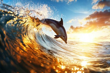 Poster - Dolphin leaps from golden wave at sunset creating a dynamic scene of ocean beauty and marine life in action capturing the spirit of nature