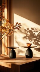 Poster - Elegant decorative arrangement of vases in a modern interior space with natural light