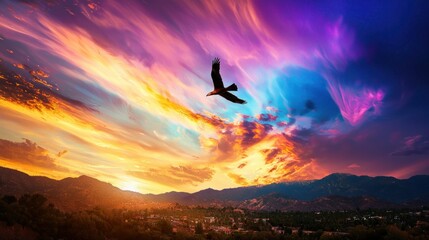 Poster - Majestic eagle soars through vibrant sunset sky over scenic mountain landscape in golden hour light