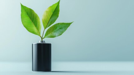 Aufkleber - Sustainable energy concept featuring a battery with vibrant green leaves against a soft pastel background symbolizing renewable power and environmental consciousness