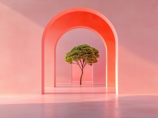 Poster - Serene tree amidst arched pathways pink interior digital artwork minimalist environment front view tranquility concept