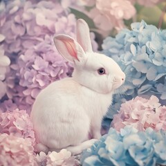 Poster - Charming White Bunny Amidst a Symphony of Pastel Hydrangeas Capturing the Essence of Springtime Serenity in Soft Focus