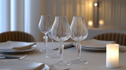 Poster - Elegant dining table setting with crystal wine glasses and soft candlelight creating a serene atmosphere for a special occasion