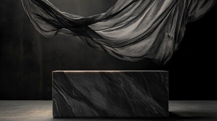 Poster - Elegant Black Marble Block with Flowing Sheer Fabric in Dark Setting