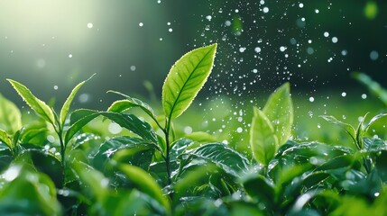 Poster - A lush green field with a few leaves that are wet