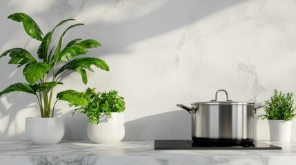 Poster - Bright Kitchen Still Life with Stainless Steel Pot and Lush Green Plants on Marble Countertop in Natural Light
