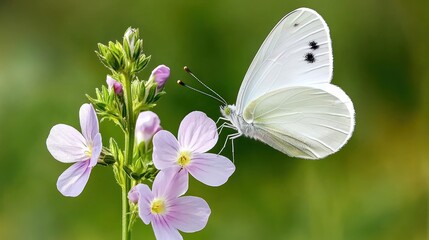 Aufkleber - Delicate white butterfly gracefully perched on a vibrant flower with soft petals in a lush green meadow