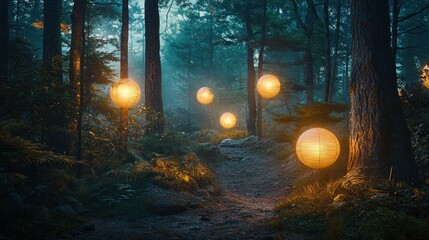 Poster - Enchanted Forest Path with Glowing Lanterns Illuminating a Misty Woodland Scene in a Dreamy and Atmospheric Style