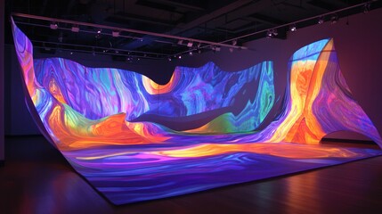 Poster - Immersive Art Installation with Vibrant Colors and Abstract Patterns Creating a Dreamlike Atmosphere in Modern Gallery Space