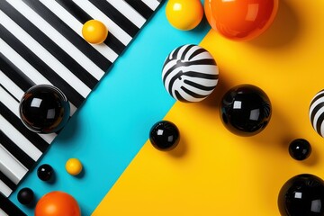 Poster - Dynamic Composition of Spheres and Stripes on Vibrant Blue and Yellow Background in a Clean Modern Style