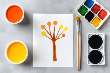 Aufkleber - Watercolor Tree Painting on Paper with Paintbrushes and Vibrant Paints Creative Art Concept