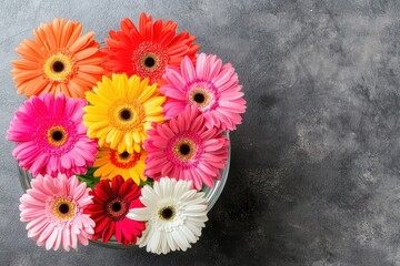 Poster - Cheerful gerbera daisies in rainbow colors against a gray textured background in clear glass bowl