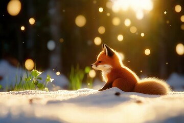 Poster - Serene fox in winter wonderland sunlight dapples snow covered ground creating magical atmosphere peaceful scene