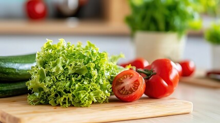 Aufkleber - Fresh ingredients on wooden board capturing healthy eating concept with vibrant colors and natural light in kitchen setting