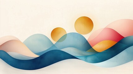Poster - Abstract waves and sun silhouettes digital art calm environment vibrant colors