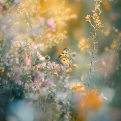Aufkleber - Ethereal butterfly on delicate pink wildflowers in a sunlit meadow dreamy soft focus nature scene tranquil peaceful background