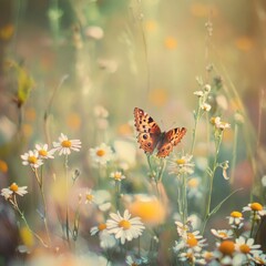 Aufkleber - Captivating Monarch Butterfly Resting Gracefully on Delicate Daisy Flowers in a Sunlit Meadow a Symphony of Nature
