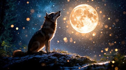 Poster - Majestic Wolf Howling at the Glowing Moon in a Starry Night Forest Scene Capturing the Mystical Mood and Wildlife Beauty with a Low Angle View