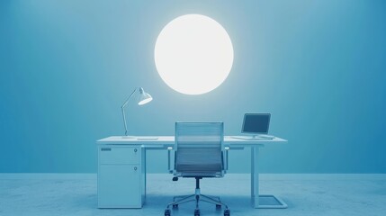 Aufkleber - Minimalist Office Space with Desk Chair Laptop and Lamp in Blue Tones for Modern Workspace Design and Serene Atmosphere Ideal for Creative Work