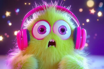 Wall Mural - goofy monster with neon pink headphones, eyes bulging in shock, lime green fur spiking, starry purpl
