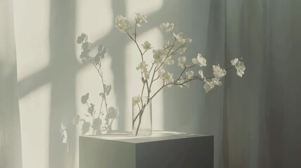 Aufkleber - Elegant Still Life of White Blossoms in Glass Vase Casting Shadow on Wall in Minimalist Setting