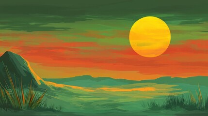 Poster - Scenic Yellow Sun on Horizon at Dramatic Sunset over Mountainous Landscape in Green and Orange Sky