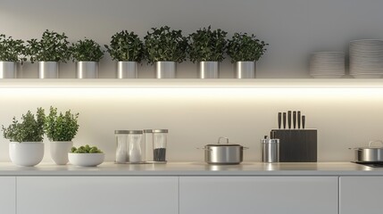 Poster - Bright kitchen countertop featuring herbs pots plates spice jars and kitchenware on a shelf