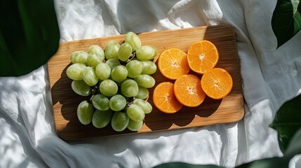 Aufkleber - Fresh green grapes and sliced oranges on wooden board in bright sunlight healthy eating concept