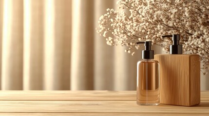 Aufkleber - Serene Spa Still Life with Elegant Bottles White Flowers and Warm Sunlight on Wooden Surface