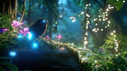 Aufkleber - Enchanted Forest Scene with an Adorable Owl Perched on a Mossy Log Surrounded by Glowing Flowers and Twinkling Lights